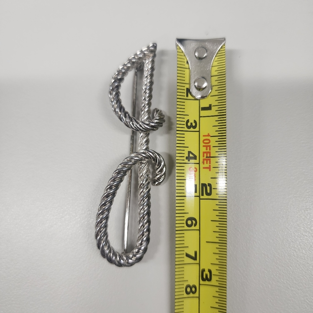 Large Script Letter J Initial Pin Brooch Silver Tone Twisted Rope Design Cursive - Picture 10 of 10